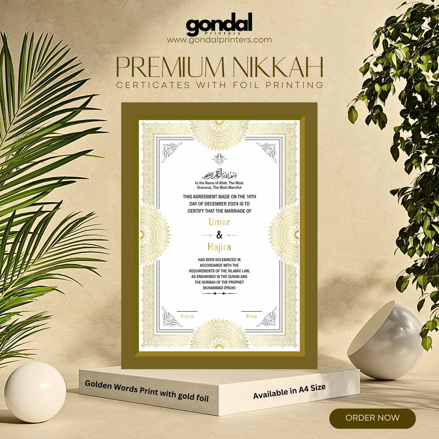 A4 Premium Nikkah Certificate Print with Gold Foil GP-6