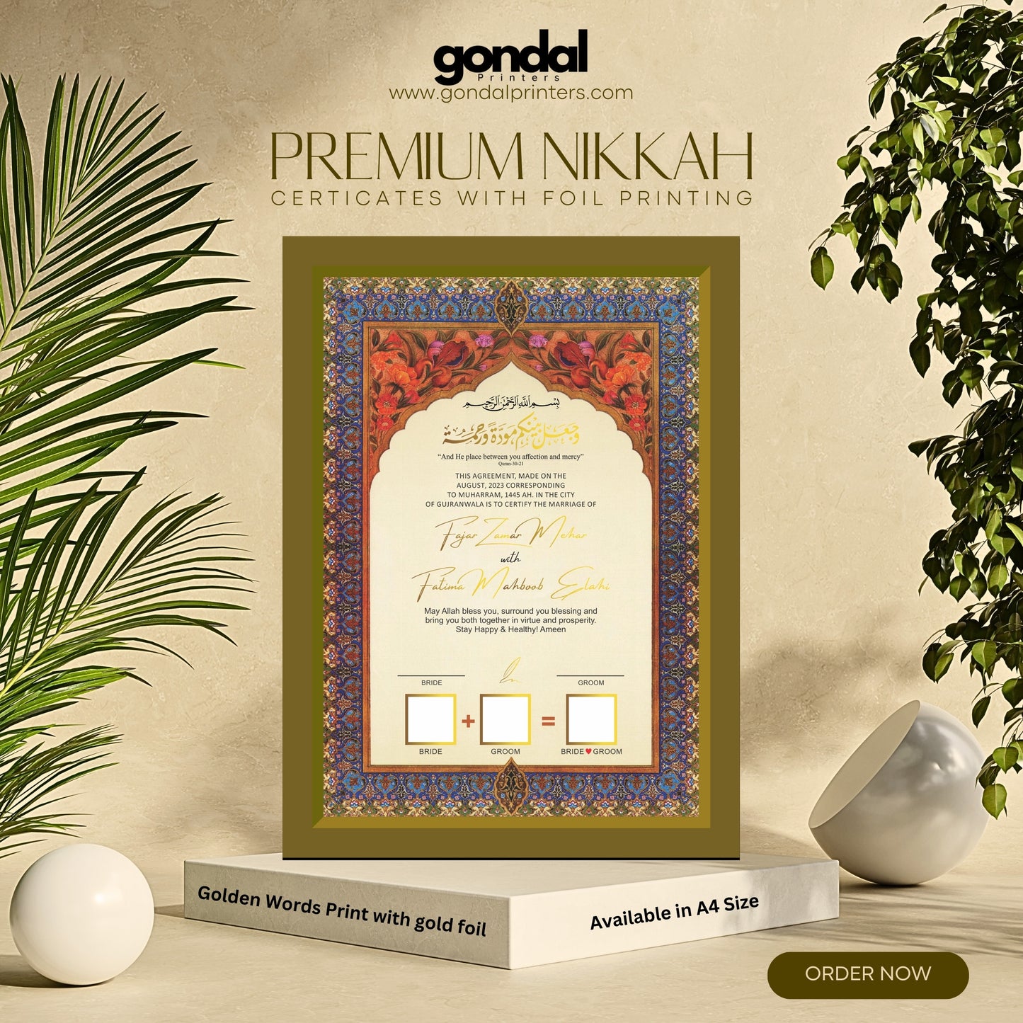 A4 Premium Nikkah Certificate Print with Gold Foil GP-5