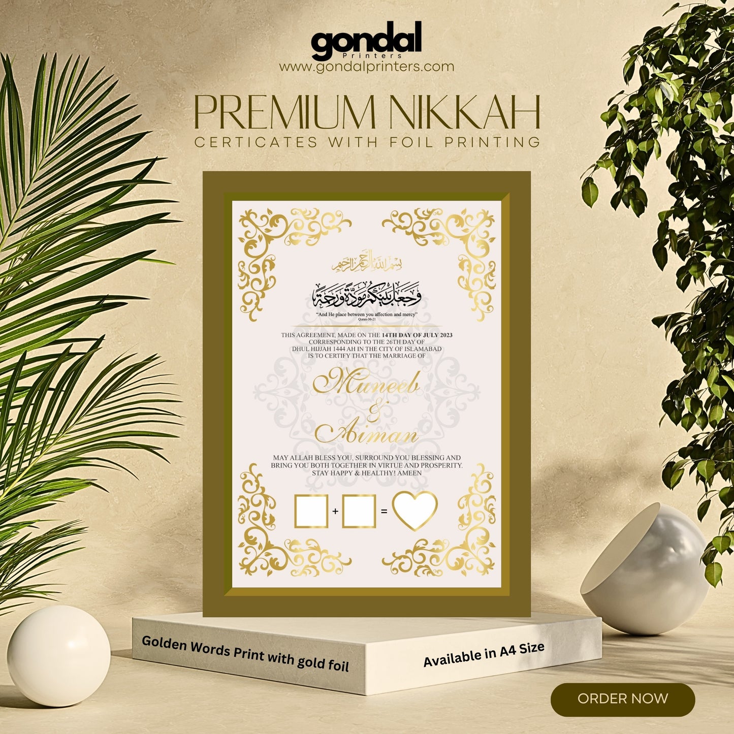 A4 Premium Nikkah Certificate Print with Gold Foil GP-3